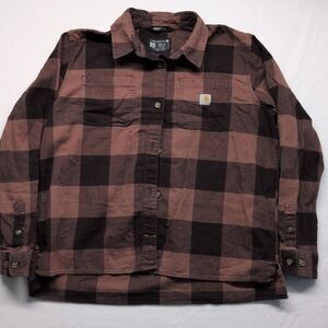 Carhartt Shirt Mens L Brown Check Rugged Flex Loose Fit Long Sleeve Button Up
